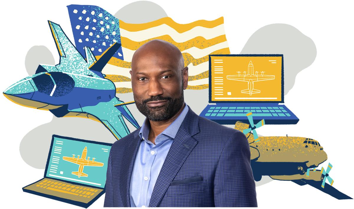 Rod McLean headshot with illustrated airplanes, computers and the American flag