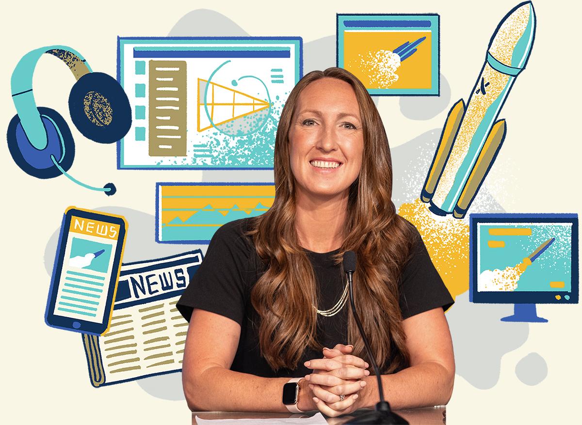 headshot of Sarah Walker with illustrated aerospace and media icons