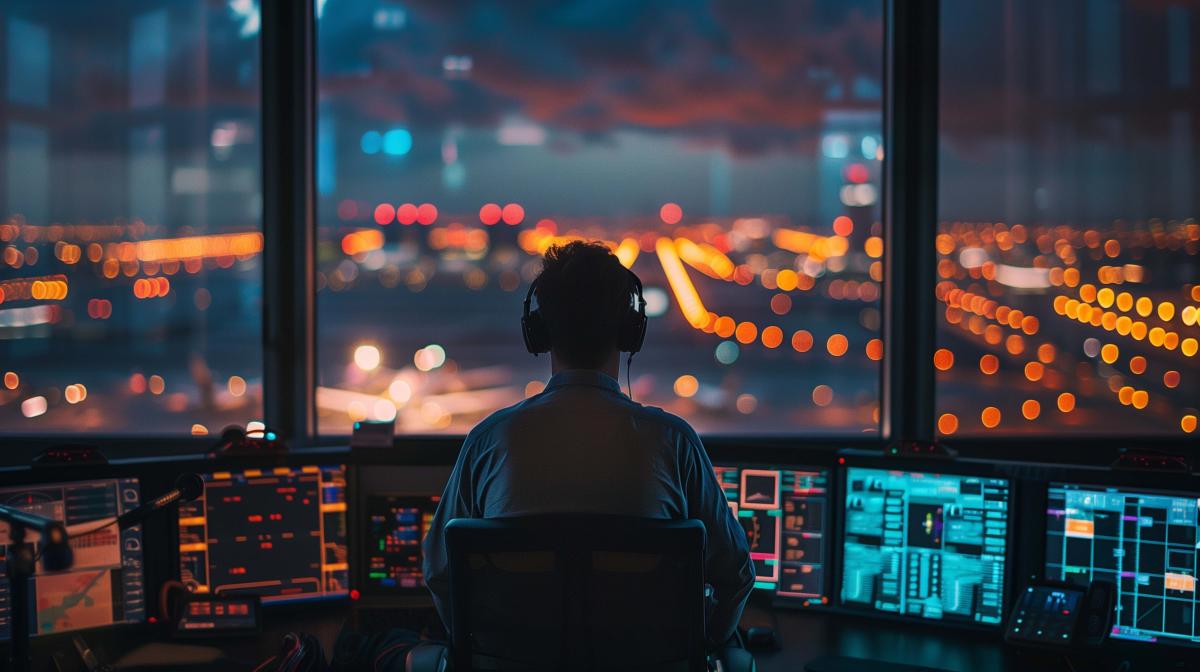 back of air traffic controller's head looking at runway while sitting in control center (at night)