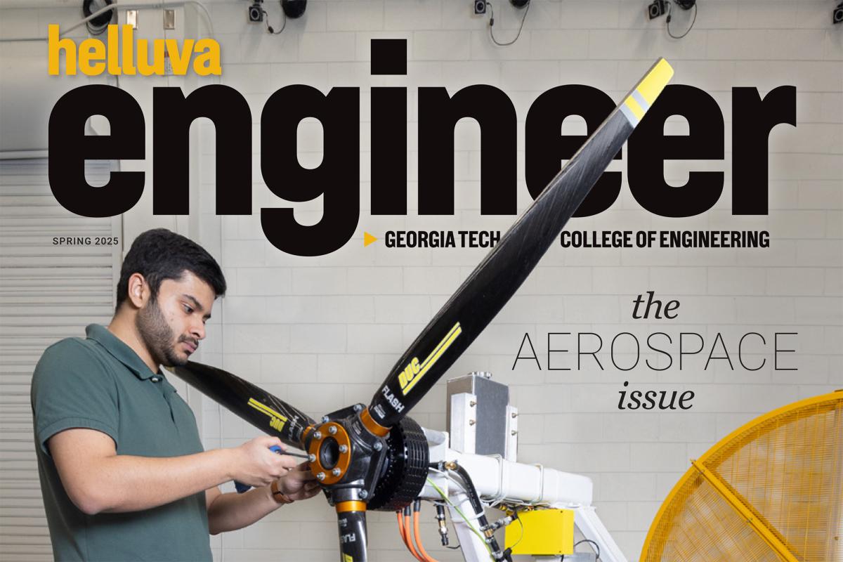 Cover of the spring 2025 issue of Helluva Engineer magazine with a researcher working on an electric motor and propeller.