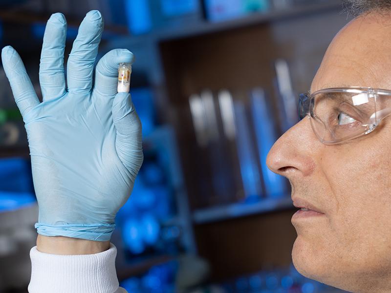Mark Prausnitz holding up a prototype of an "exploding" capsule that self-pressurizes to deliver drugs.