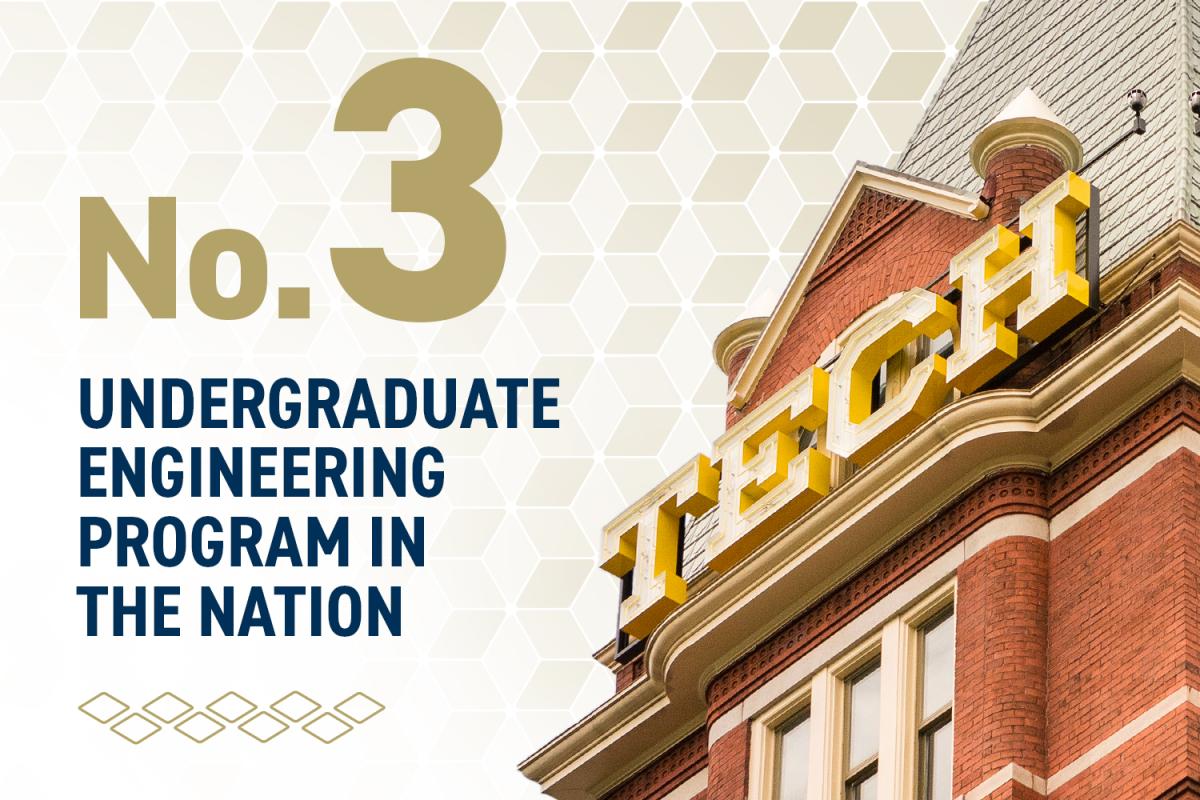 an image of the Tech Tower with text: "No. 3 Undergraduate Engineering Program in the Nation"