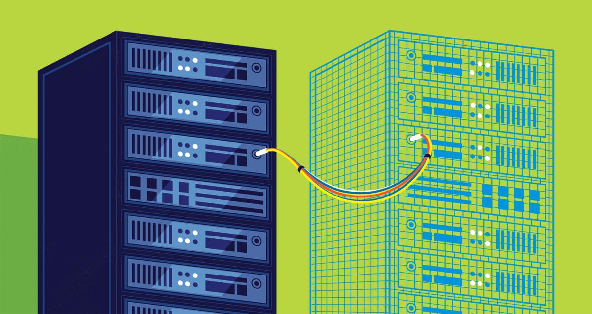 an illustration of a server cabinet with wires connecting to a digital twin of the cabinet