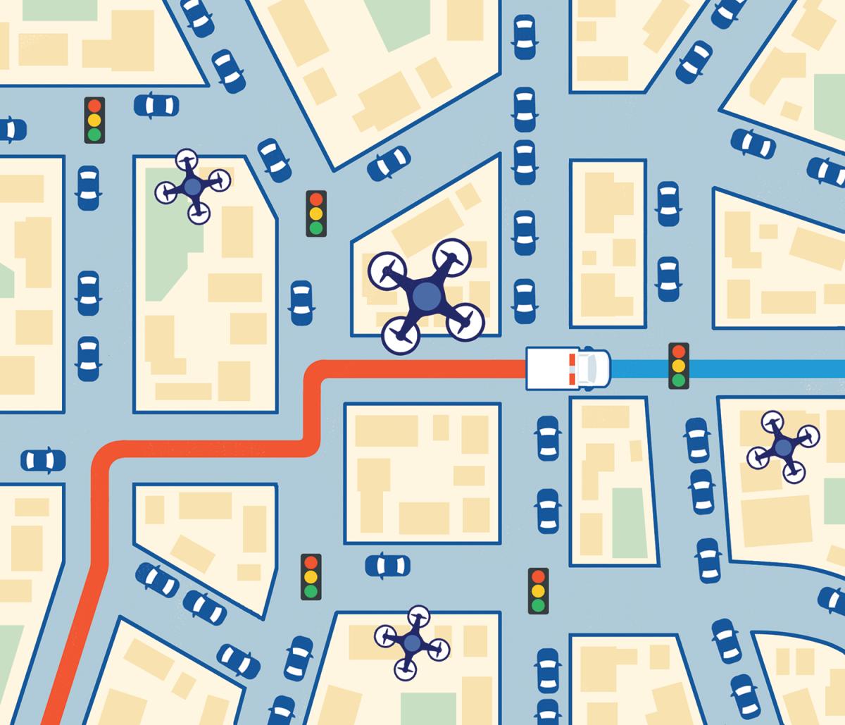 an aerial view illustration of an ambulance moving through traffic with stoplights and drones