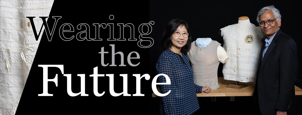 Composite image of two people with garments on forms and the text "Wearing the Future"