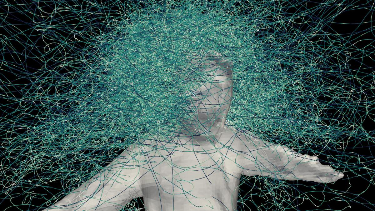 a visualization of a person standing among thousands of yellow and blue mosquito trajectories surrounding his head