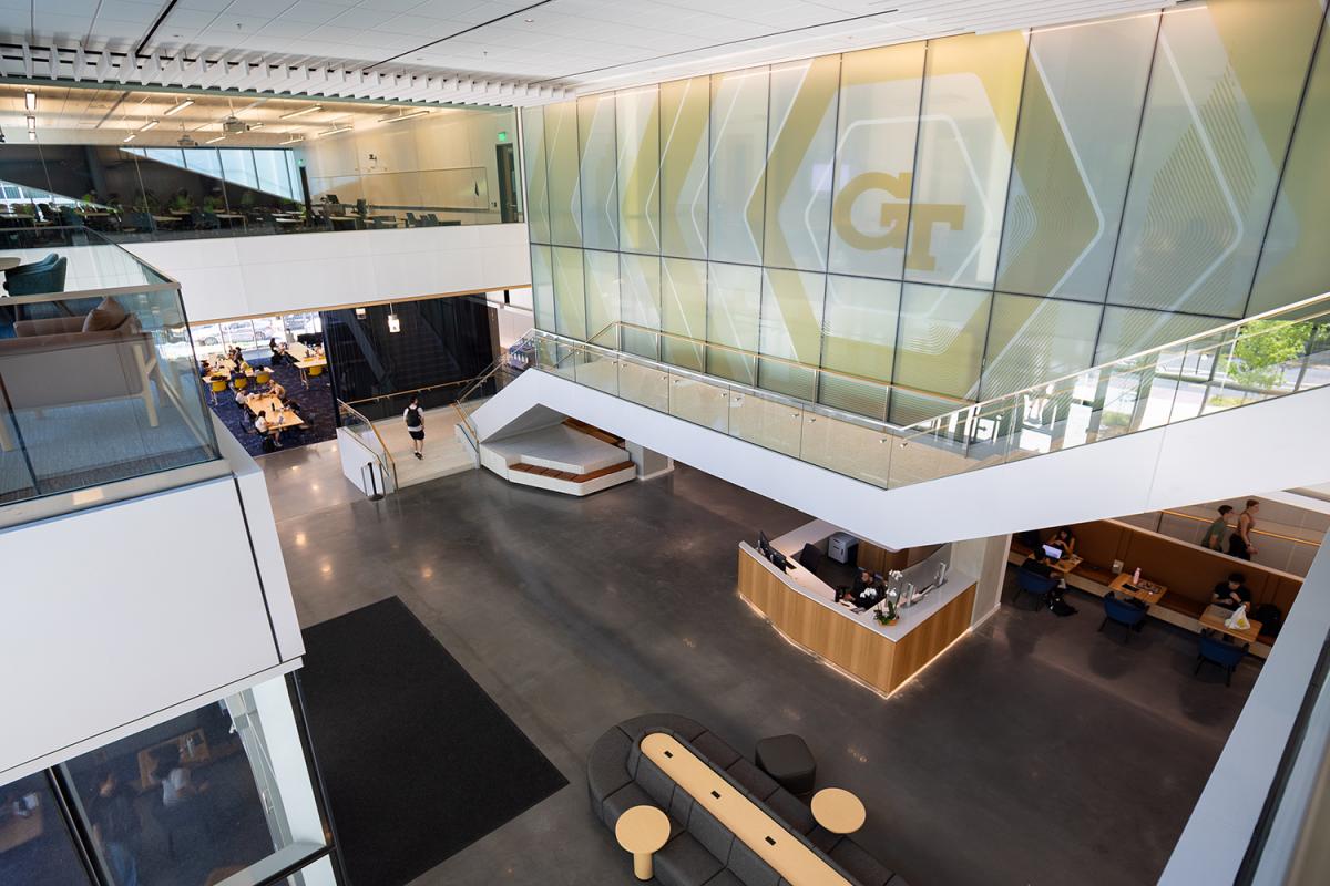 a view of a building lobby from the second floor
