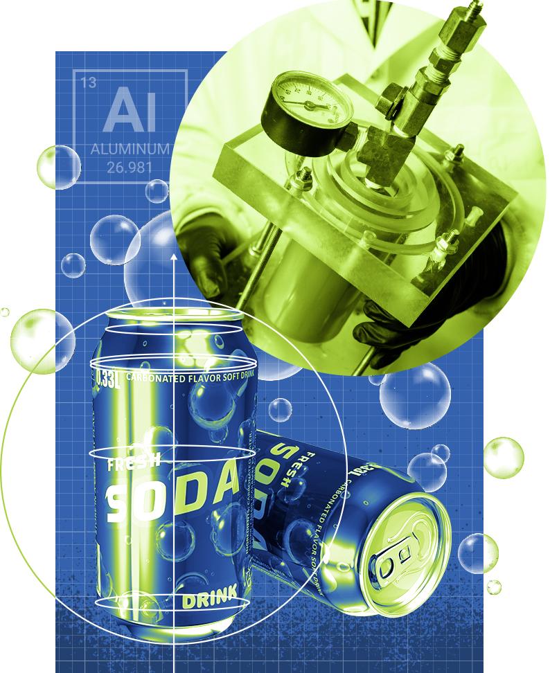 composite image of soft drink cans, a pressure-testing device, bubbles, and "Aluminum" from the periodic table