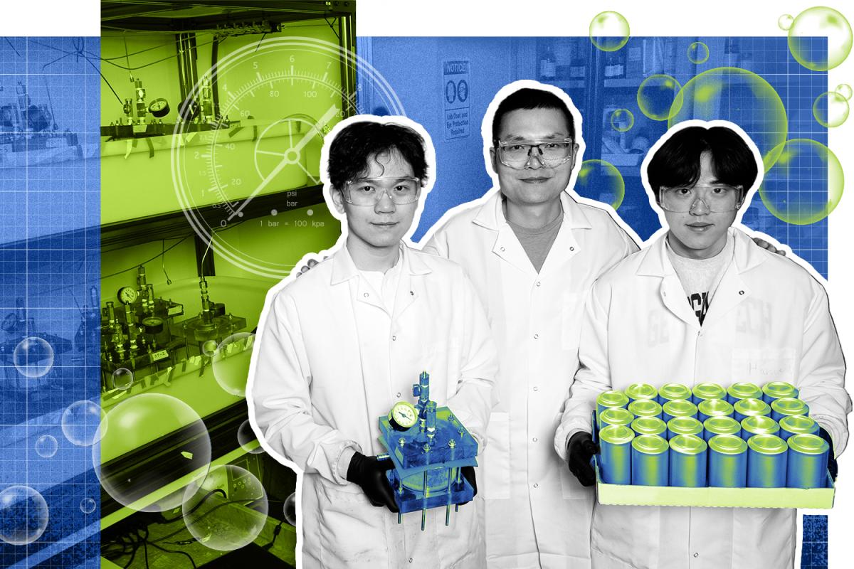 three people in lab coats hold a tray of aluminum cans and a pressure device