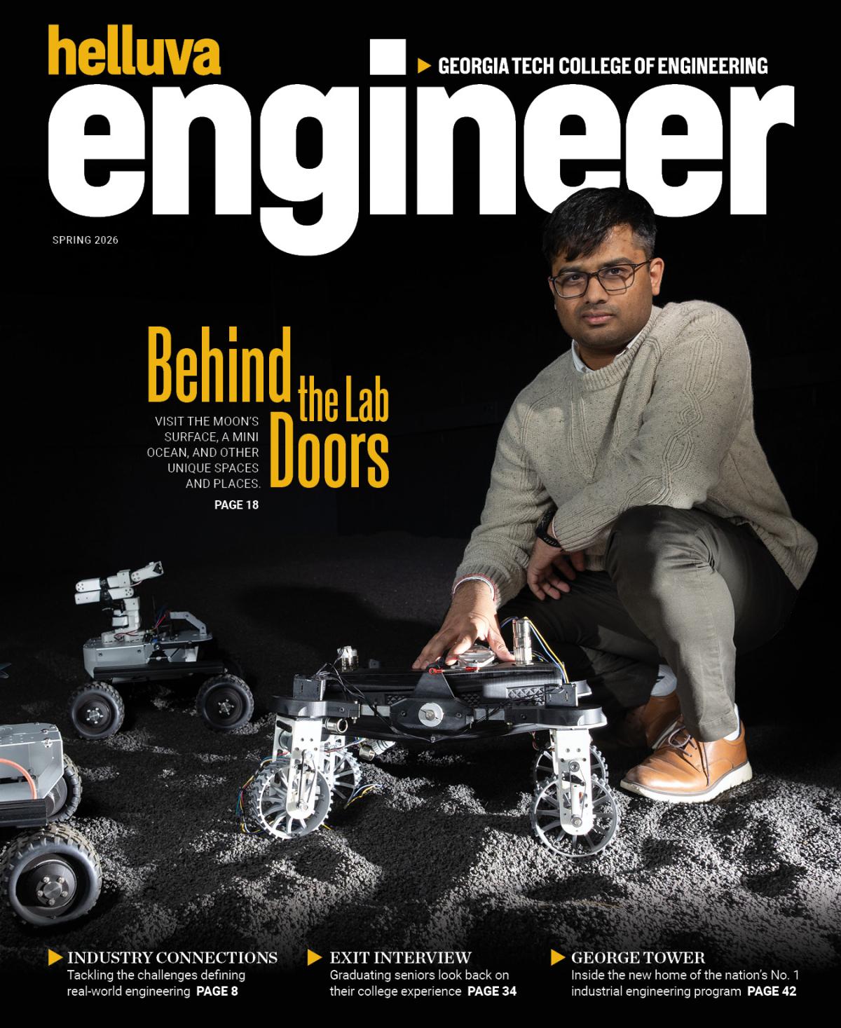 magazine cover thumbnail with "Helluva Engineer" nameplate and a person with robots on a dark background