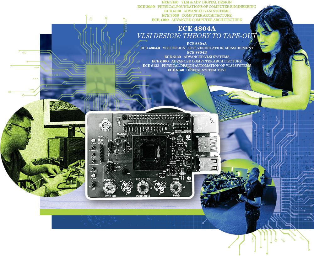 composite image of people working on laptops, circuit vector designs, and computer chips