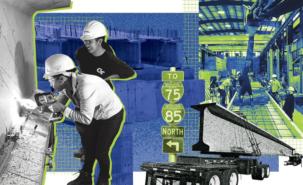 composite of images of pouring a concrete girder, inspecting damage to the girder, and stock images of a girder on a truck, being installed in an overpass, and interstate signs