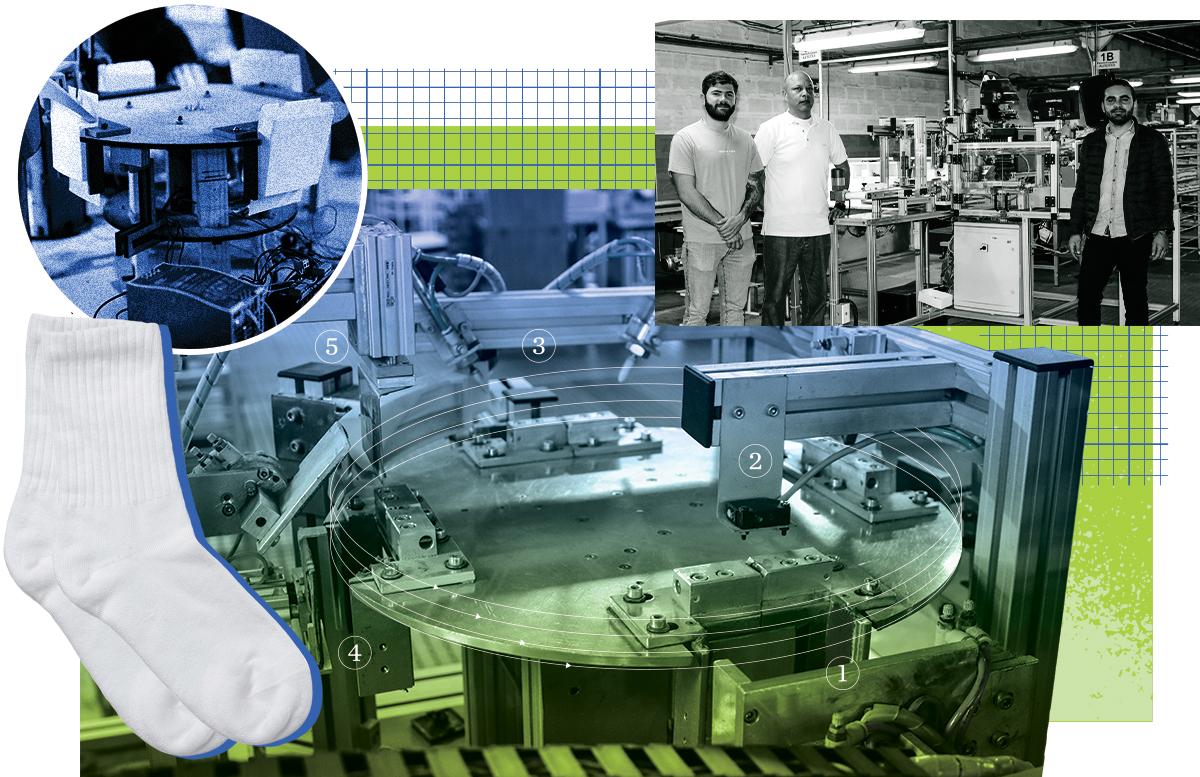 composite image showing men in a factory with a machine, a closeup of the machine, and a pair of socks