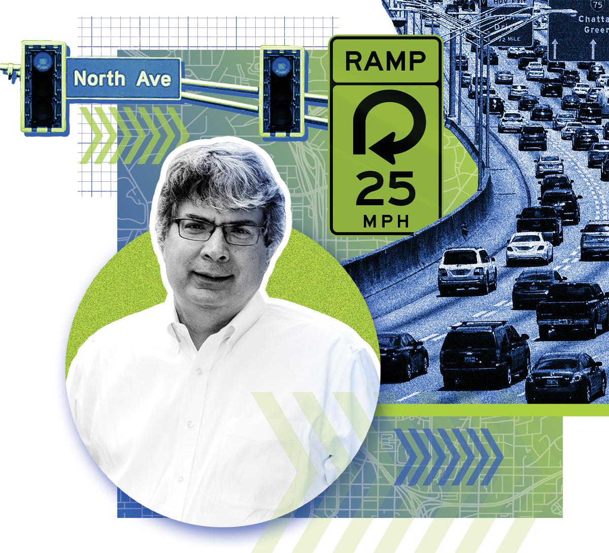 Composite image with a headshot of Mike Hunter, Atlanta traffic, a ramp speed limit sign, and traffic lights on North Avenue