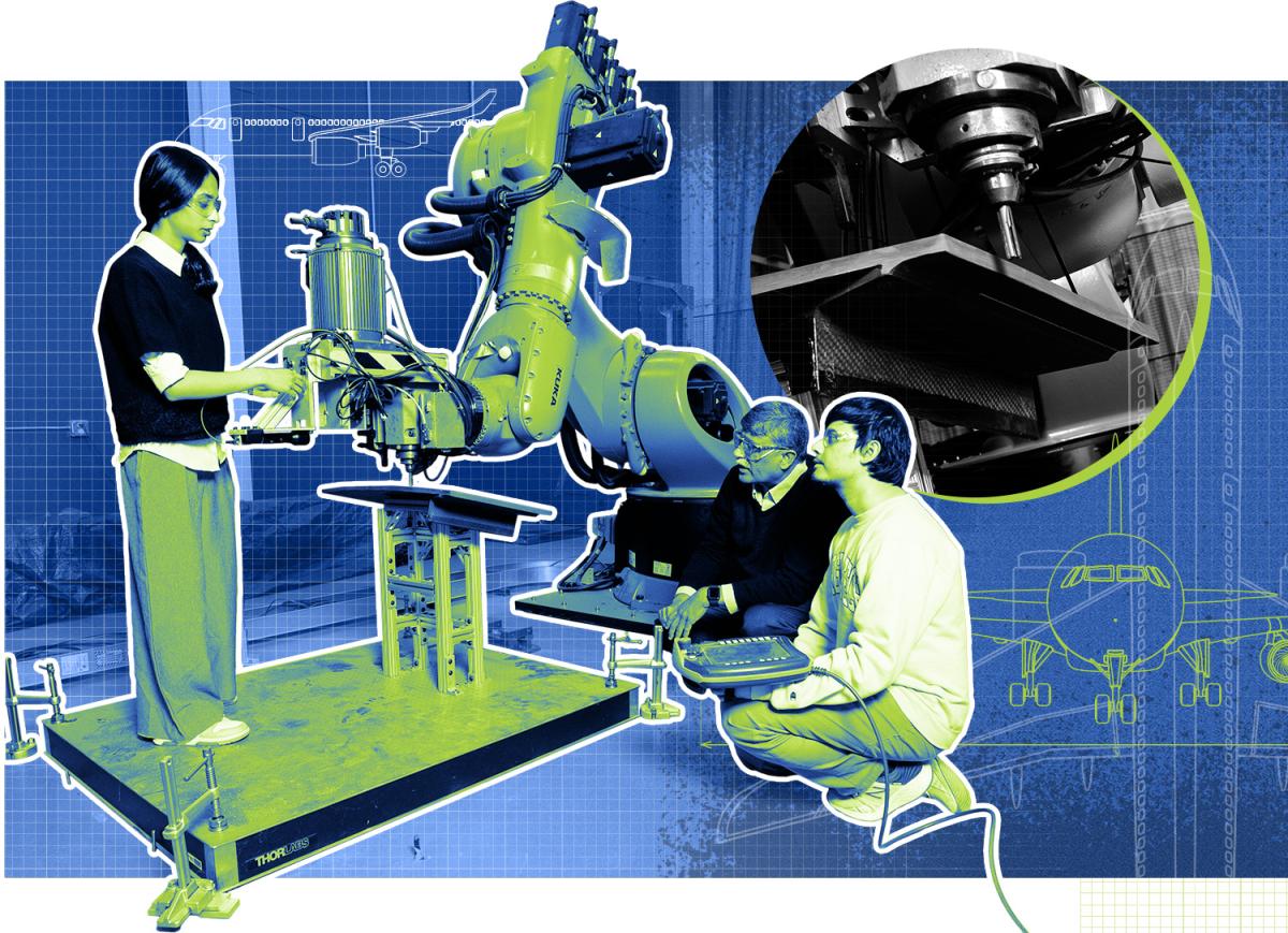 composite image of three people working with a robotic arm with aircraft vectors behind them