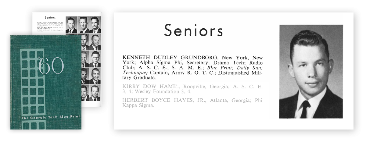 Ken Grundborg's senior picture in the 1960 Blue Print yearbook next to smaller images of the full page of seniors and the book's cover.