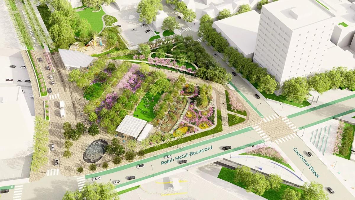 a rendering of an aerial view of Downtown Atlanta with a park among the buildings and roads