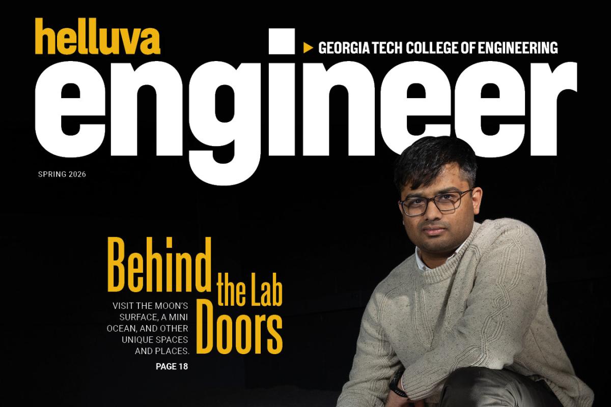 Top half of Helluva Engineer magazine cover, featuring research Yashwanth Nakka and text "Behind the Lab Doors"