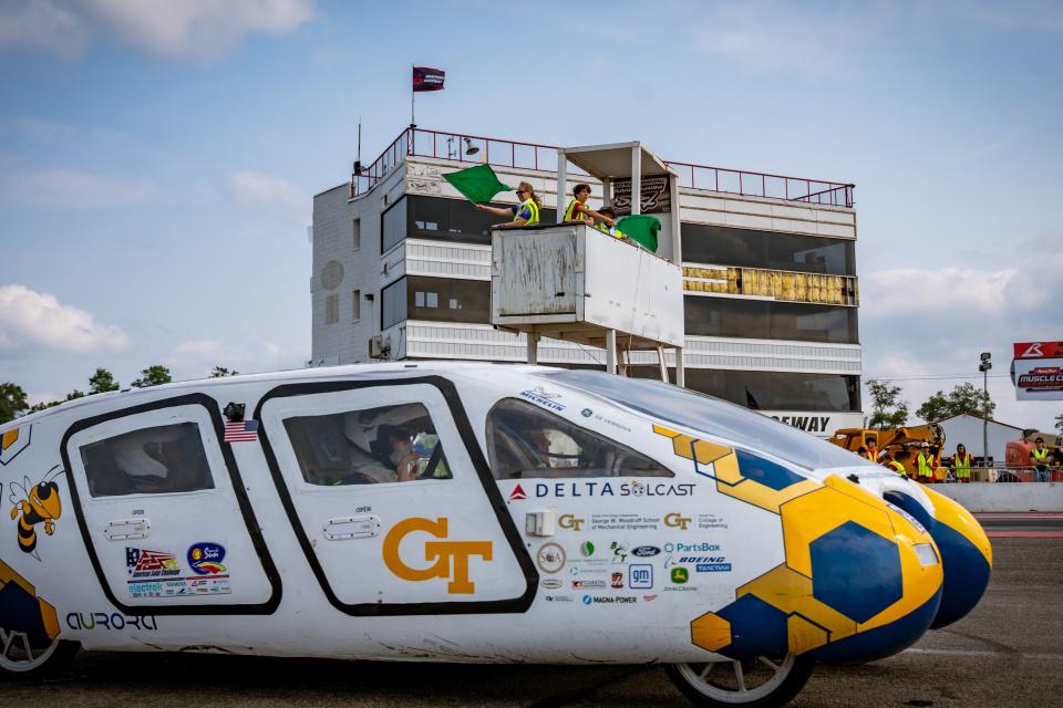 Georgia Tech Solar Racing's vehicle on the track at the Formula Sun Grand Prix.