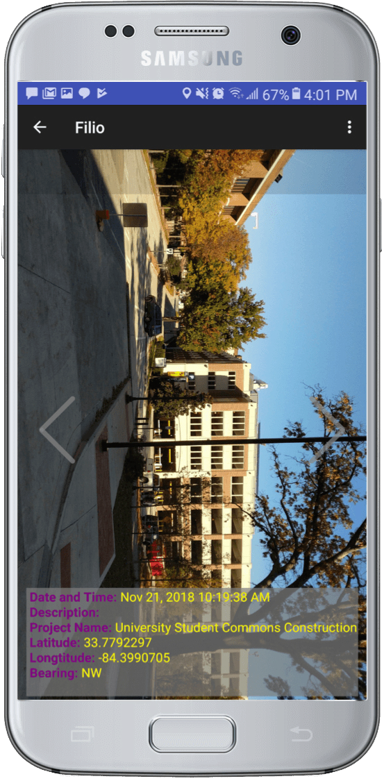 Smartphone with a photo of a building as shown on the Filio platform