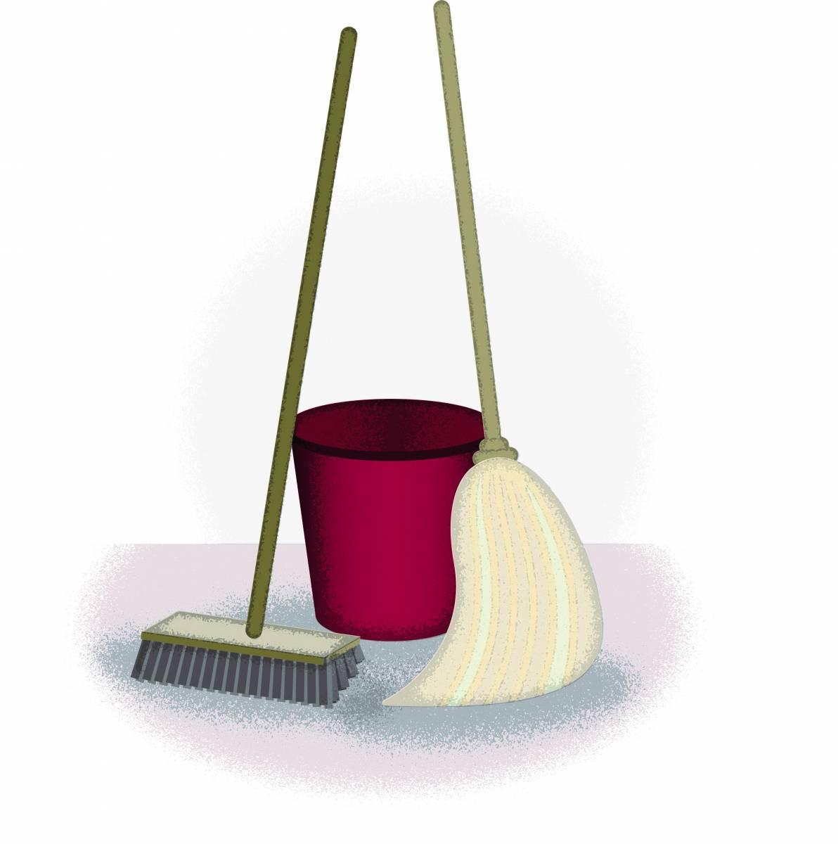 illustration of a mop, broom, and bucket