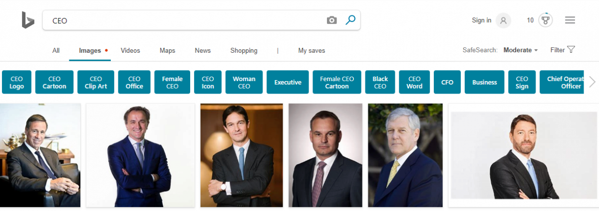Bing image search showing the top results as male