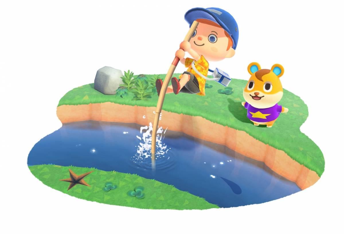 Animal Crossing render of character leaping over river, illustration