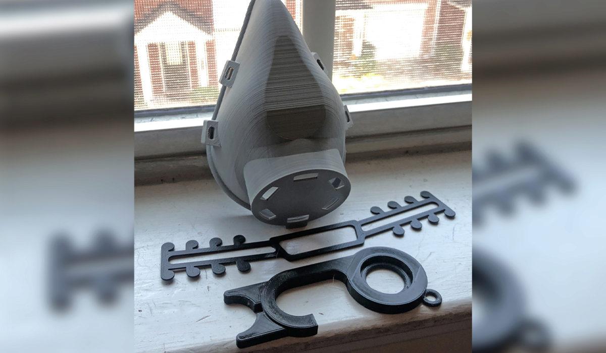 photo of 3D printed masks, no-touch door openers and mask stretchers. 