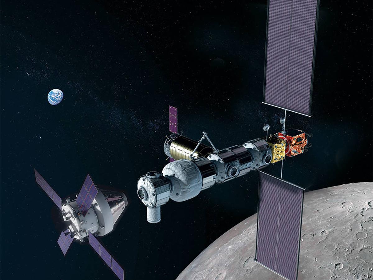 illustration of Gateway and Orion spacecraft