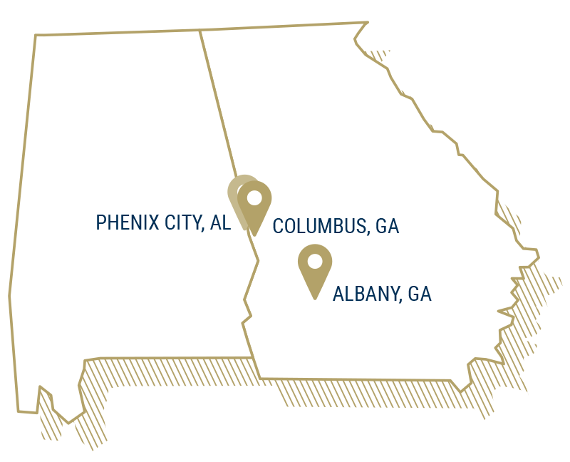 Phenix City, Columbus and Albany on a map