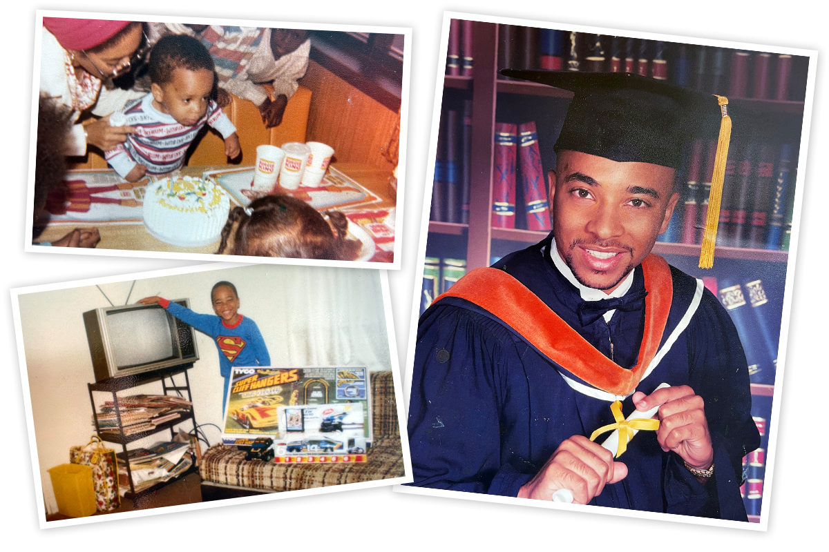 A collage of childhood photos of Beyah; including a birthday party and his graduation day