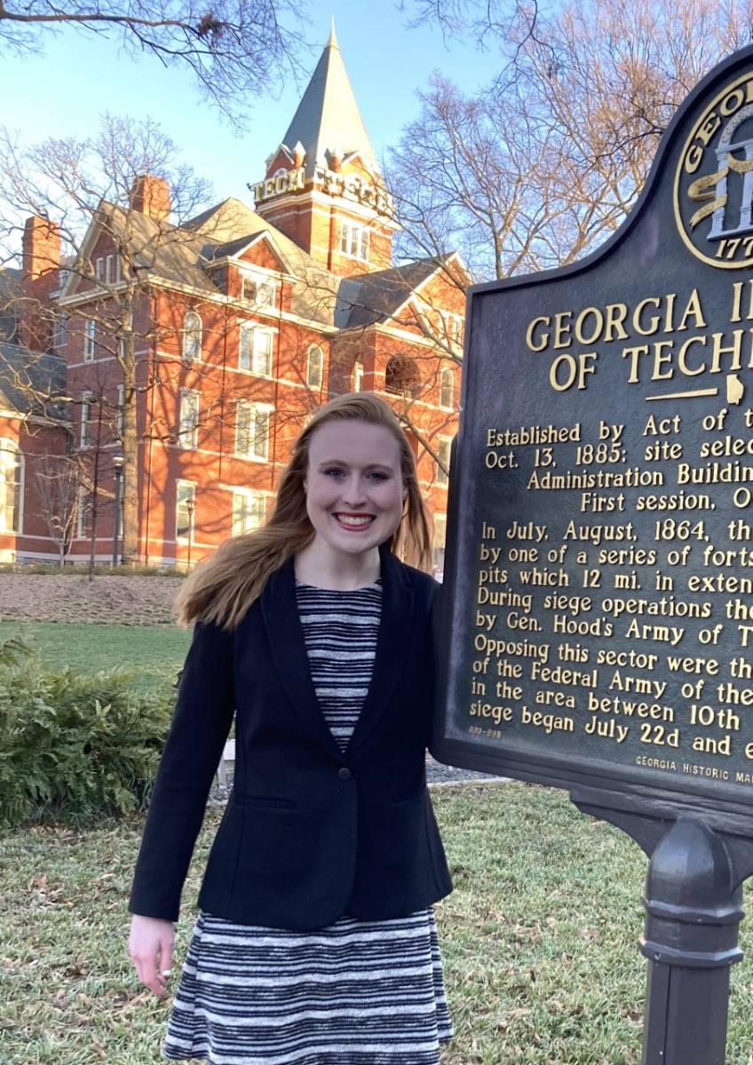 Eleanor (Lily) Turaski in front of Tech Tower