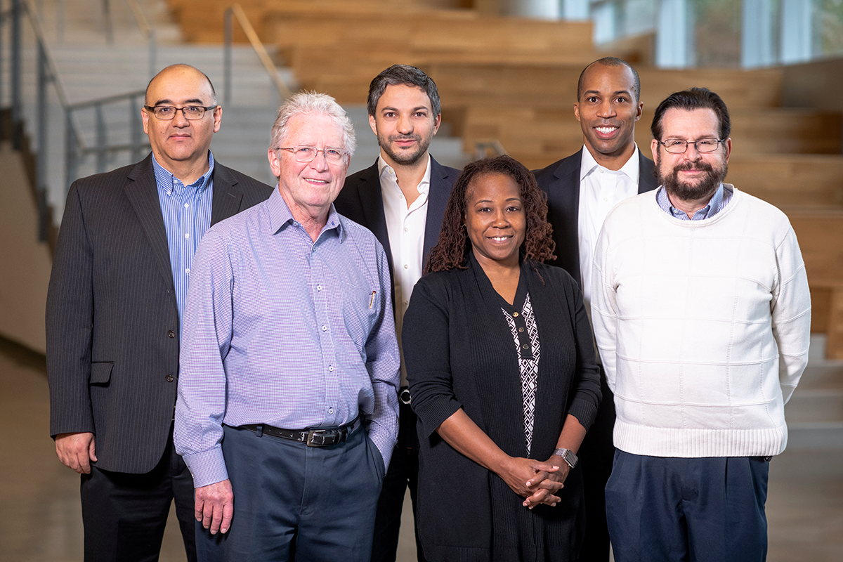 Georgia Tech faculty who have founded startups. Back row: Santiago Grijalva, Gleb Yushin, Baratunde Cola. Front row: Steven Danyluk, Ayanna Howard, Jeffrey Skolnick