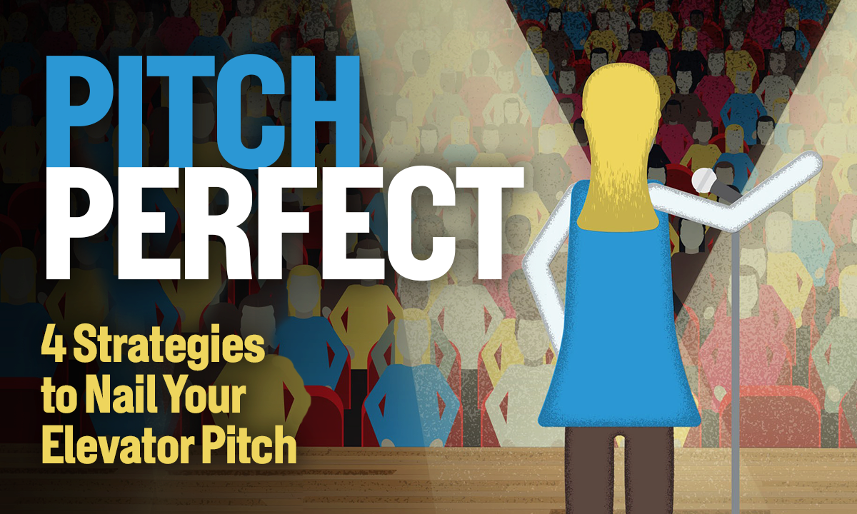 "Pitch Perfect: 4 Strategies to Nail Your Elevator Pitch" title, with an illustration of a speaker on a stage