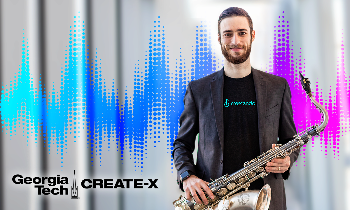 Seth Radman, founder of Crescendo, holding a saxophone 