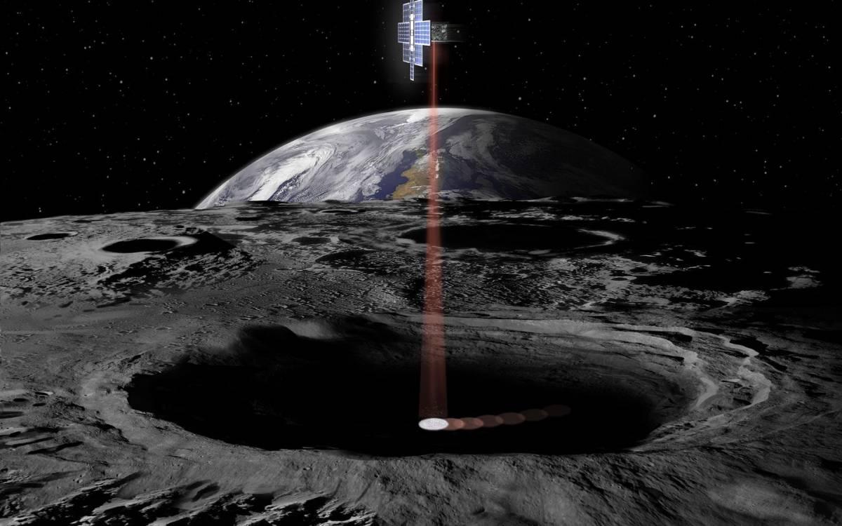 illustration of Lunar Flashlight CubeSat orbiting moon 