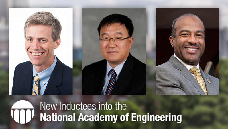 Headshots of Timothy Lieuwen, Jianjun (Jan) Shi, and Gary May with text overlay "New Inductees into the National Academy of Engineering."
