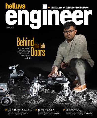 Magazine cover with "Helluva Engineer" masthead and a person with robots against a black background